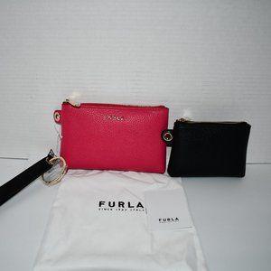 FURLA 2-Piece Leather Pouch Keychain in Nero Shock #0400016869621 NWT